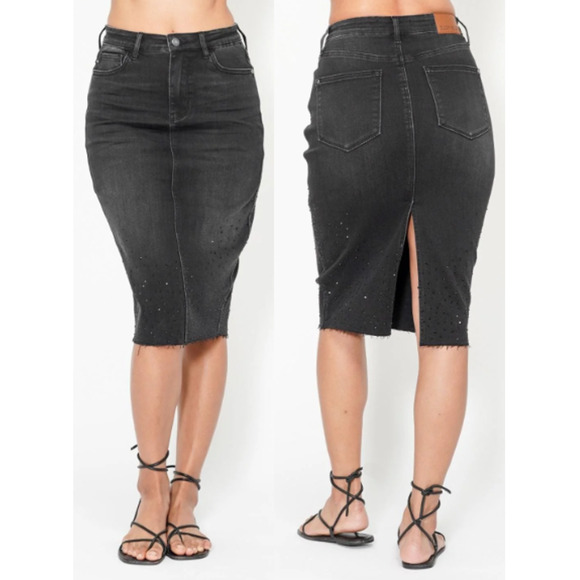 NWT Judy Blue High Waist Rhinestone Embellished Midi Denim Pencil Skirt Black L - Picture 1 of 5